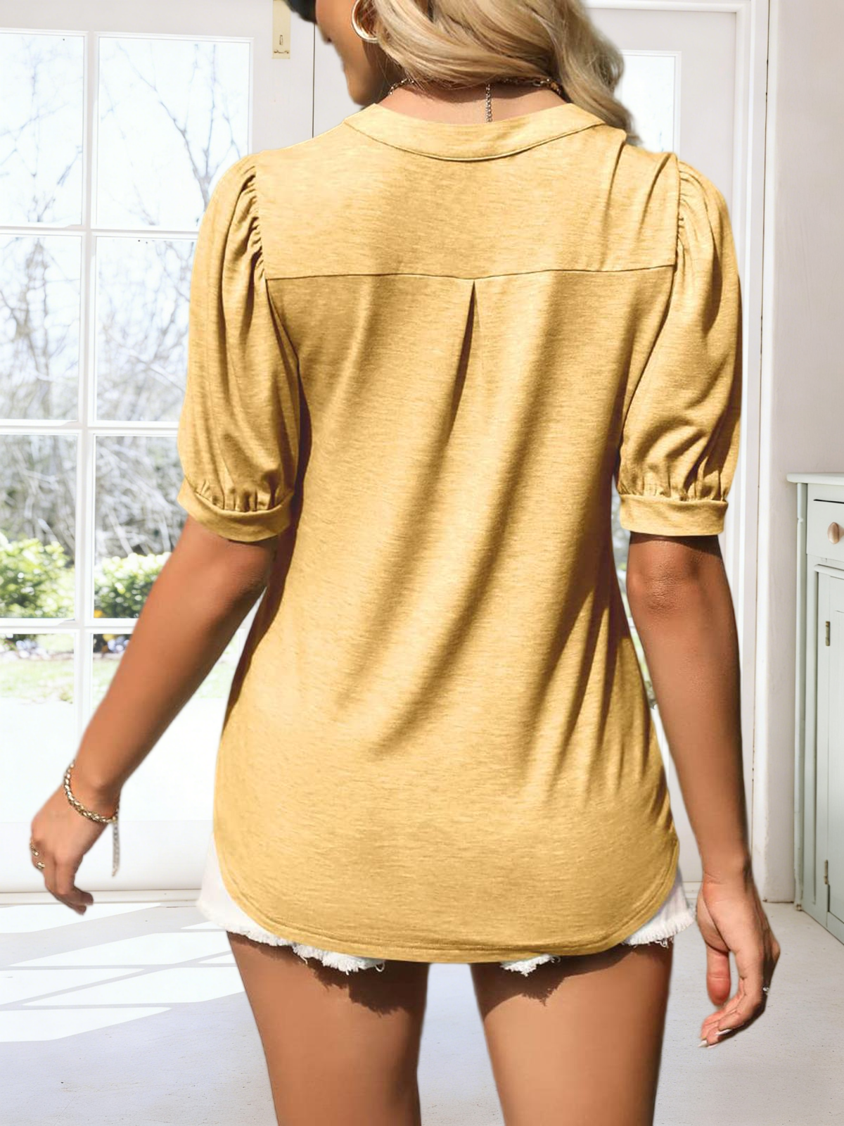 Imily Bela Womens V Neck T Shirts Casual Puff Sleeve Loose Dressy Blouses Summer Tops