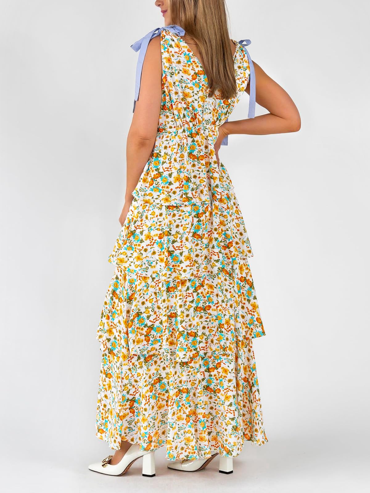 Imily Bela Womens Summer Floral Maxi Dress Tie Strap Sleeveless V Neck High Slit Boho Ruffle Tiered Beach Dresses