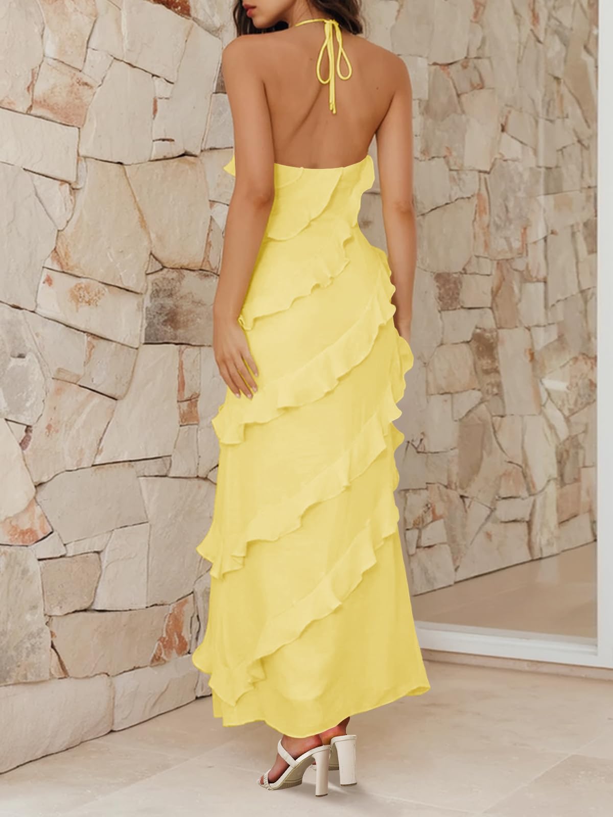 Imiy Bela Womens Sexy Chiffon Halter Maxi Dress Sleeveless Backless Ruffle Tassel Party Club Dresses