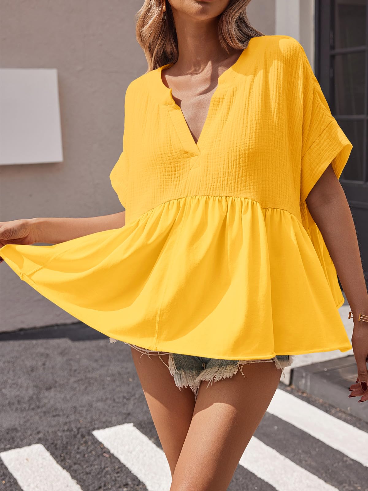 Imily Bela Womens Summer Babydoll Tops V Neck Short Sleeve Pleated Flowy Shirts Casual Loose Fit Peplum Blouse