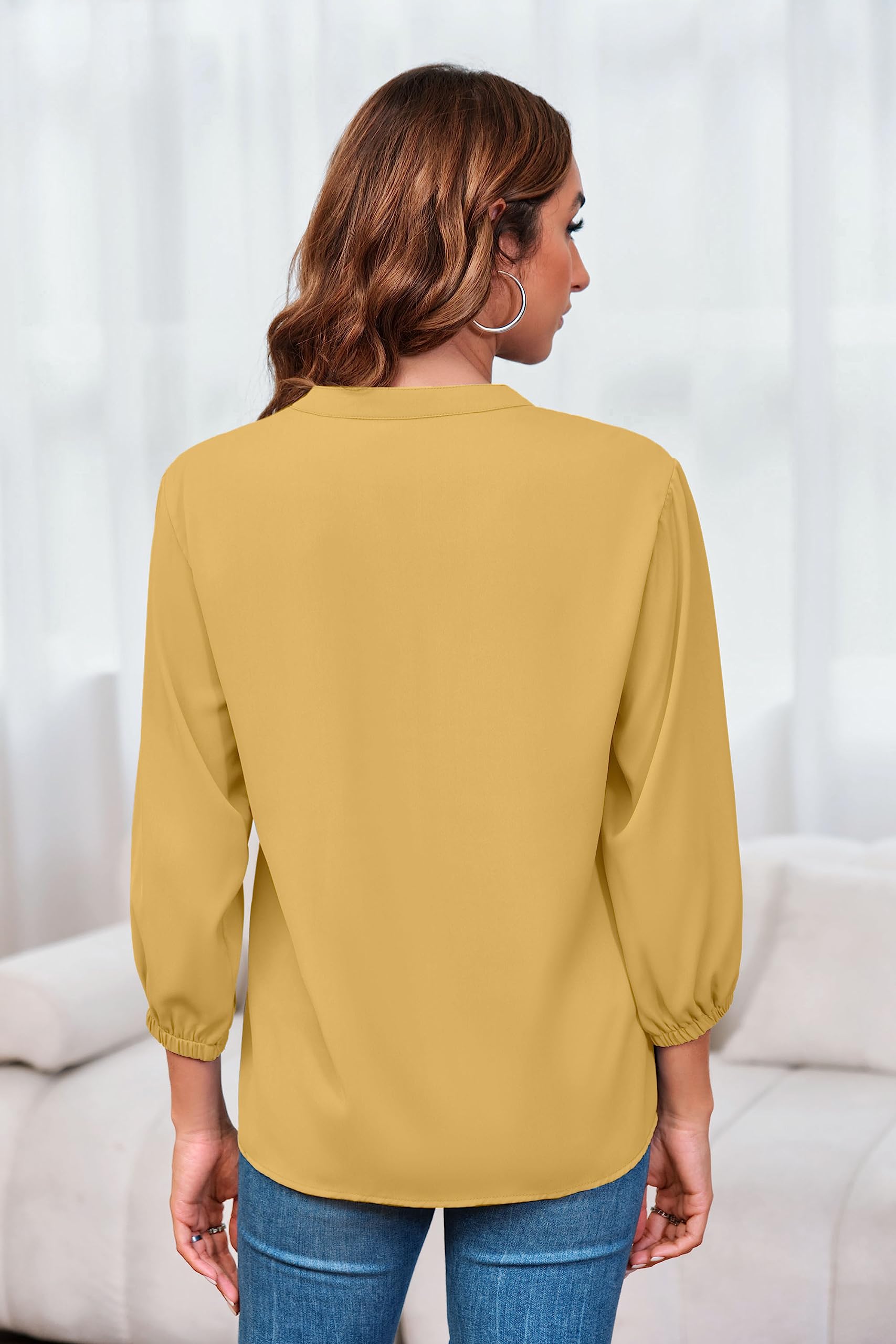 Imily Bela Womens V-Neck Lantern Sleeve Blouse Zipper Design Loose Casual Top Shirts