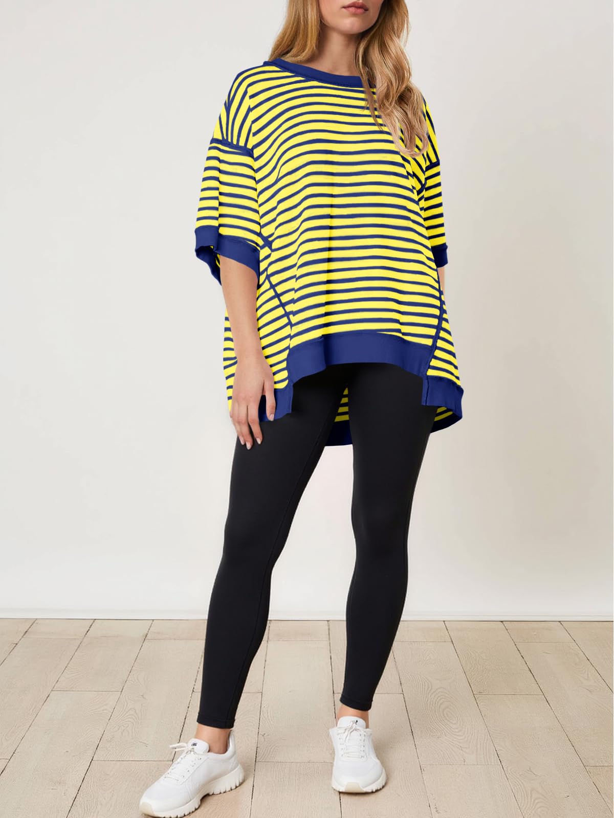 Imily Bela Womens Oversized T Shirts Striped Color Block Cotton Tops Summer Casual Half Sleeve Loose Fit Crewneck Sweatshirts