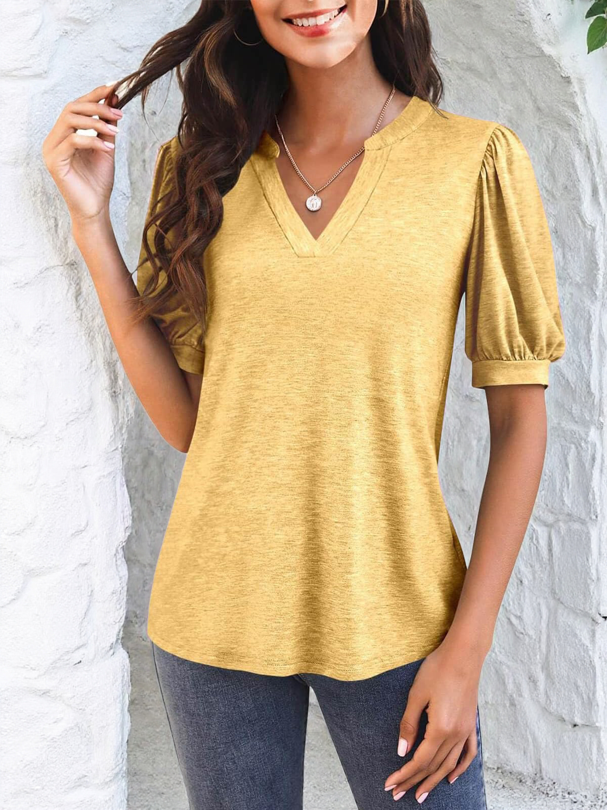 Imily Bela Womens V Neck T Shirts Casual Puff Sleeve Loose Dressy Blouses Summer Tops