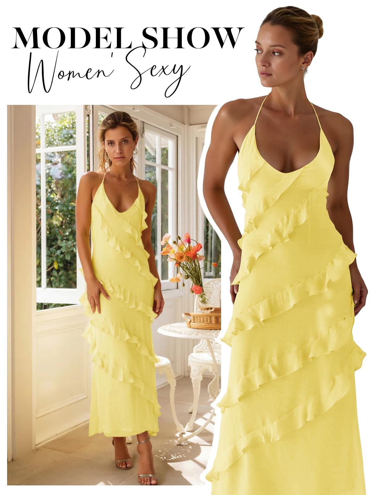 Imiy Bela Womens Sexy Chiffon Halter Maxi Dress Sleeveless Backless Ruffle Tassel Party Club Dresses