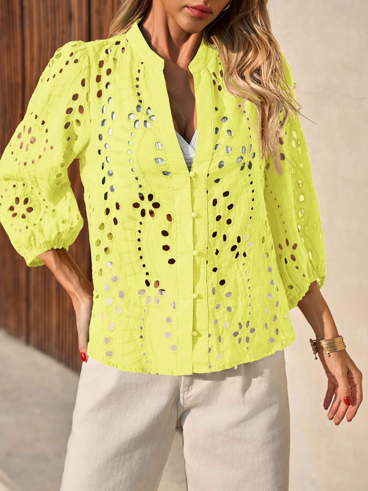 Imily Bela Womens Deep V Neck Eyelet Blouses 3/4 Balloon Sleeve Button Down Hollow Out Fall Shirts