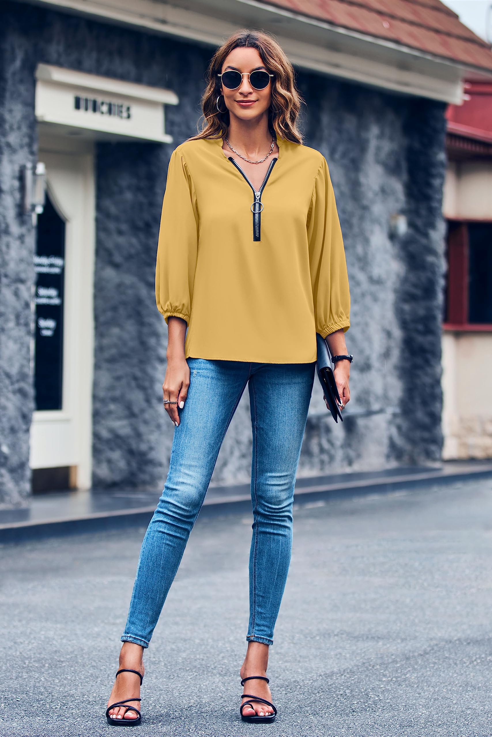 Imily Bela Womens V-Neck Lantern Sleeve Blouse Zipper Design Loose Casual Top Shirts