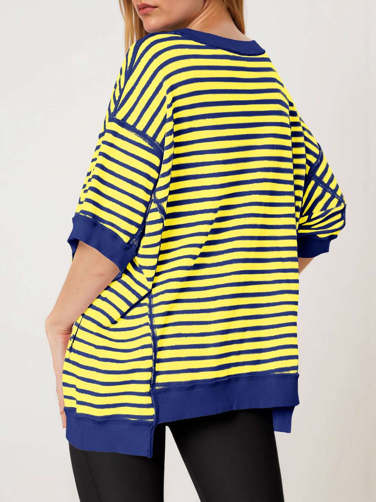 Imily Bela Womens Oversized T Shirts Striped Color Block Cotton Tops Summer Casual Half Sleeve Loose Fit Crewneck Sweatshirts