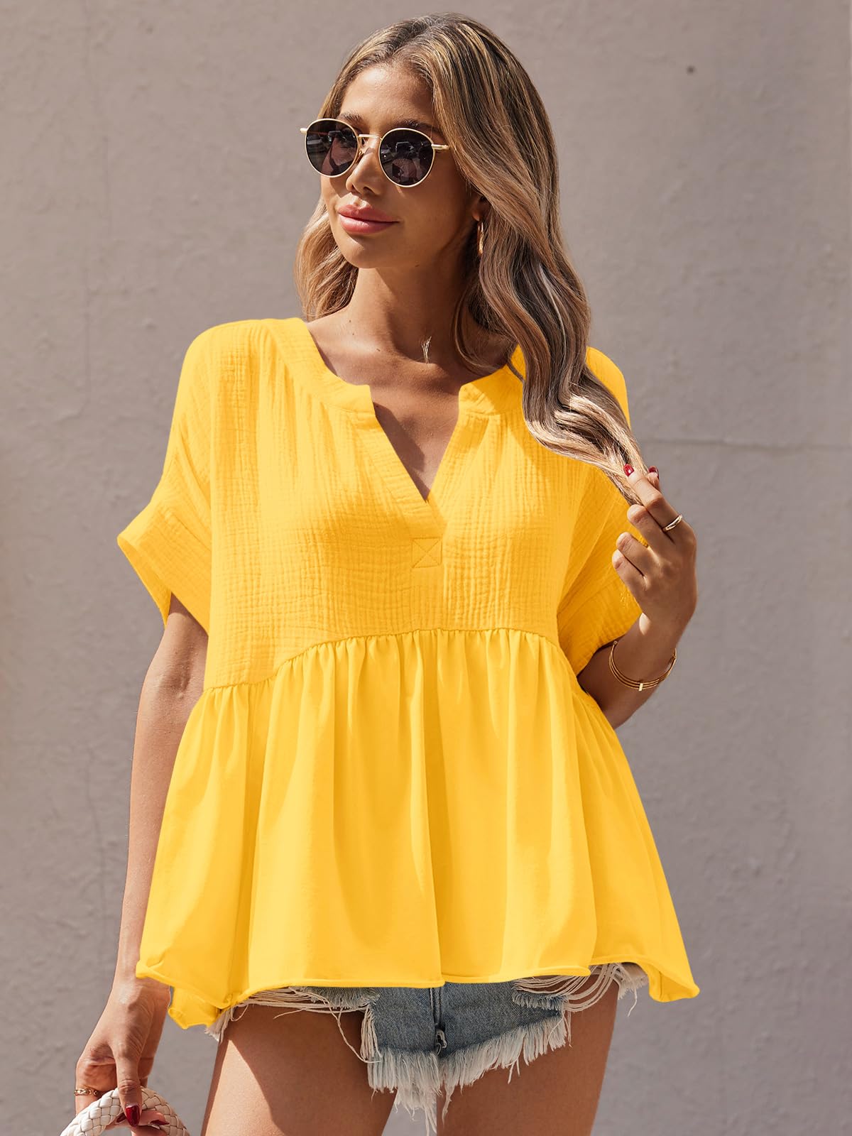 Imily Bela Womens Summer Babydoll Tops V Neck Short Sleeve Pleated Flowy Shirts Casual Loose Fit Peplum Blouse