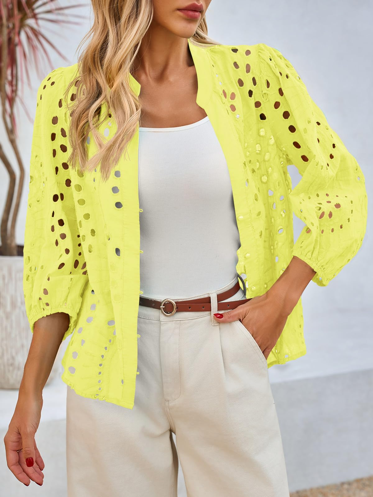 Imily Bela Womens Deep V Neck Eyelet Blouses 3/4 Balloon Sleeve Button Down Hollow Out Fall Shirts