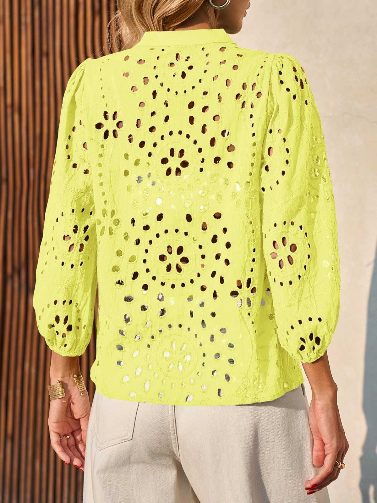 Imily Bela Womens Deep V Neck Eyelet Blouses 3/4 Balloon Sleeve Button Down Hollow Out Fall Shirts