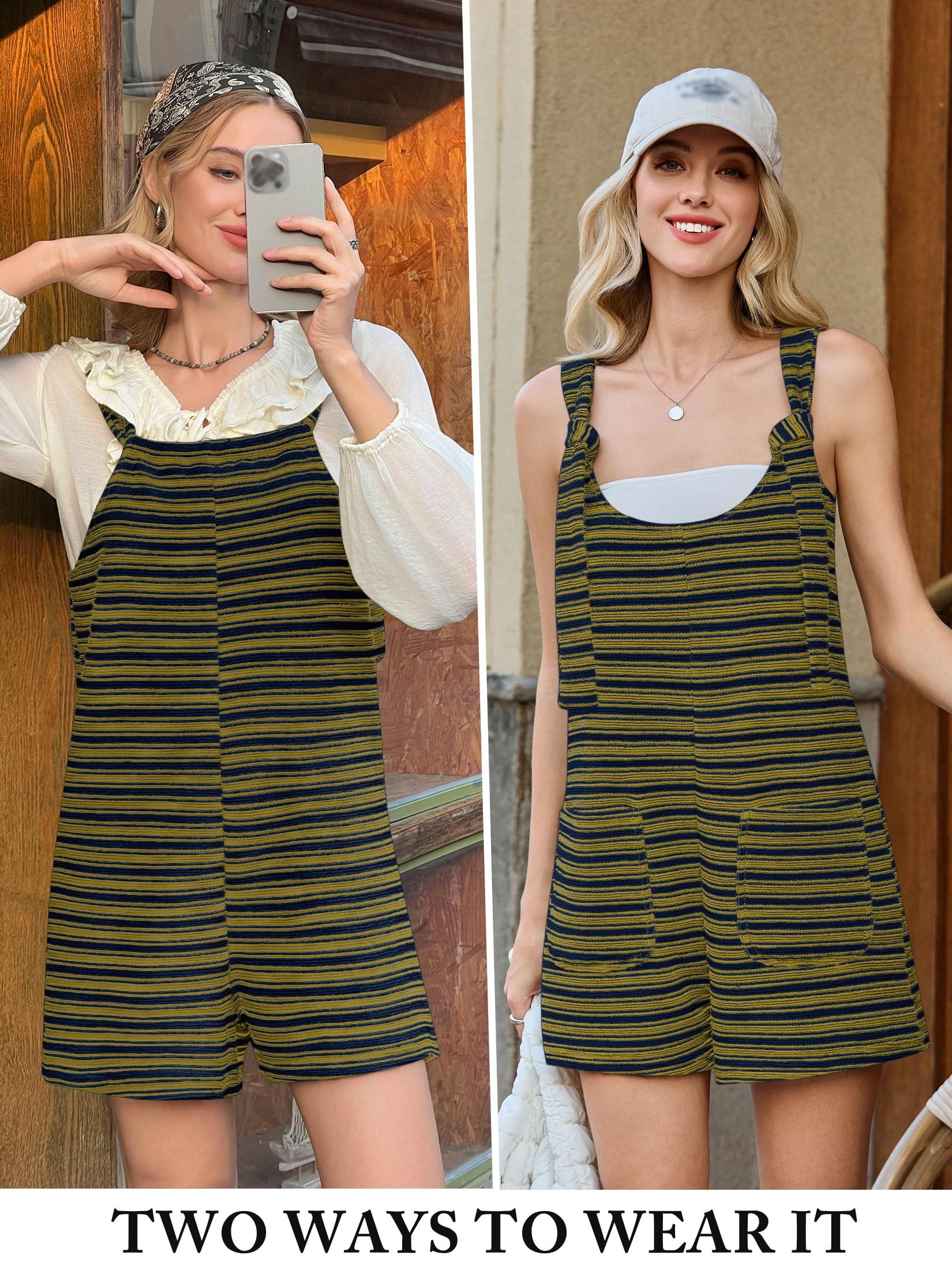 Imily Bela Womens Summer Casual Sleeveless Romper Loose Striped Tied Shorts Overalls Jumpsuit with Pockets