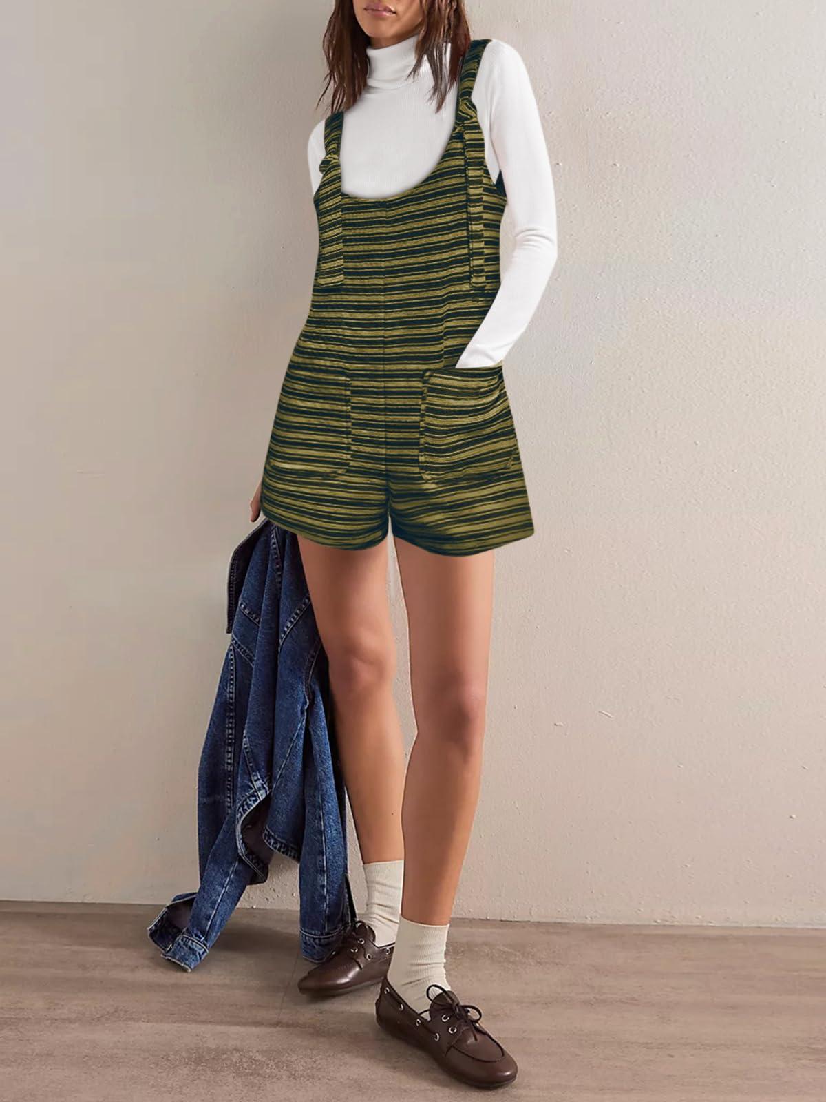 Imily Bela Womens Summer Casual Sleeveless Romper Loose Striped Tied Shorts Overalls Jumpsuit with Pockets