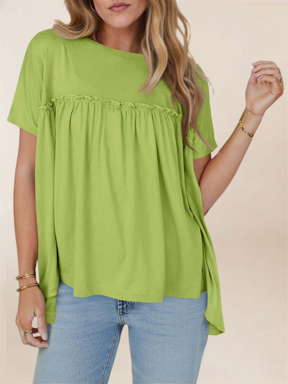 Imily Bela Women Summer Babydoll Tops Pleated Short Sleeve Crew Neck Peplum Blouse Casual Loose Fit T Shirts