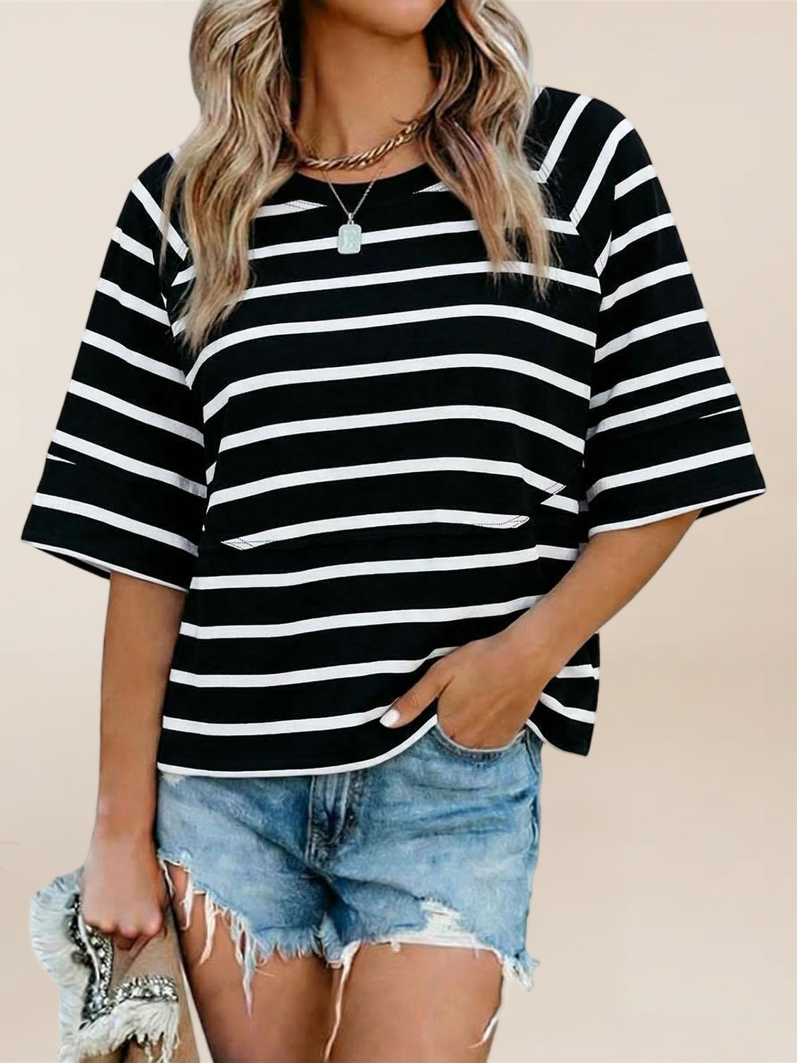 Imily Bela Womens Oversized T Shirts Summer Casual Crewneck 3/4 Sleeve Loose Fit Cute Flowy Tops