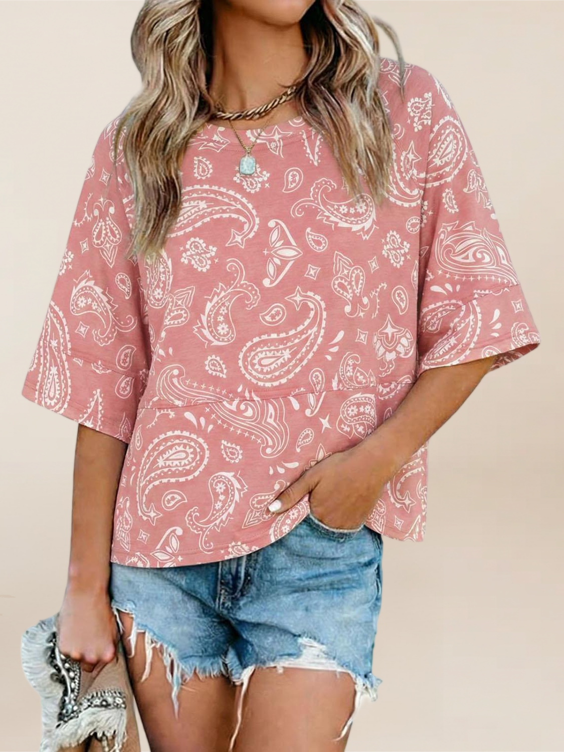Imily Bela Womens Oversized T Shirts Summer Casual Crewneck 3/4 Sleeve Loose Fit Cute Flowy Tops