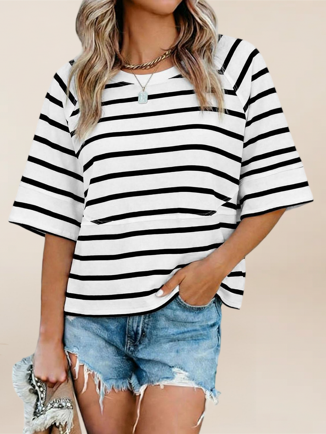Imily Bela Womens Oversized T Shirts Summer Casual Crewneck 3/4 Sleeve Loose Fit Cute Flowy Tops
