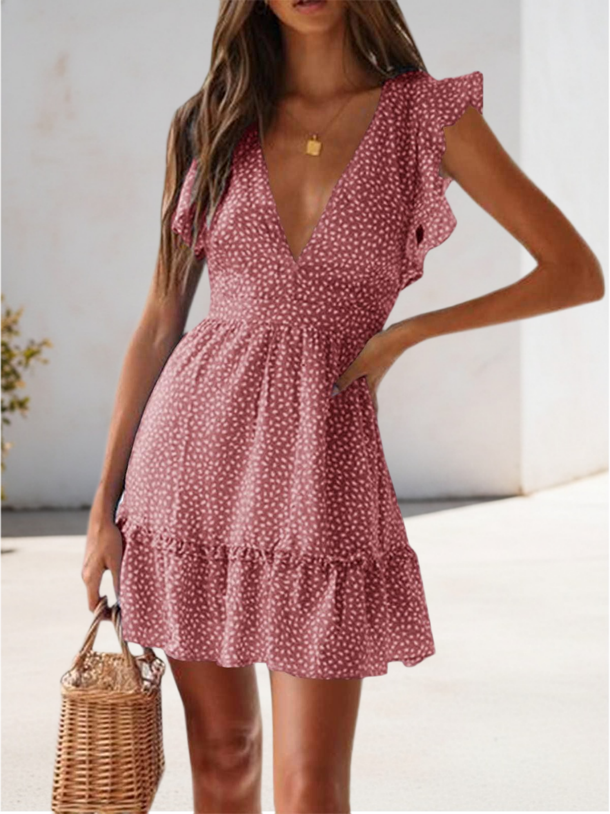 Imily Bela Women Floral Mini Dress Sexy V Neck Ruffle Flutter Sleeve Polka Dot Summer Dresses