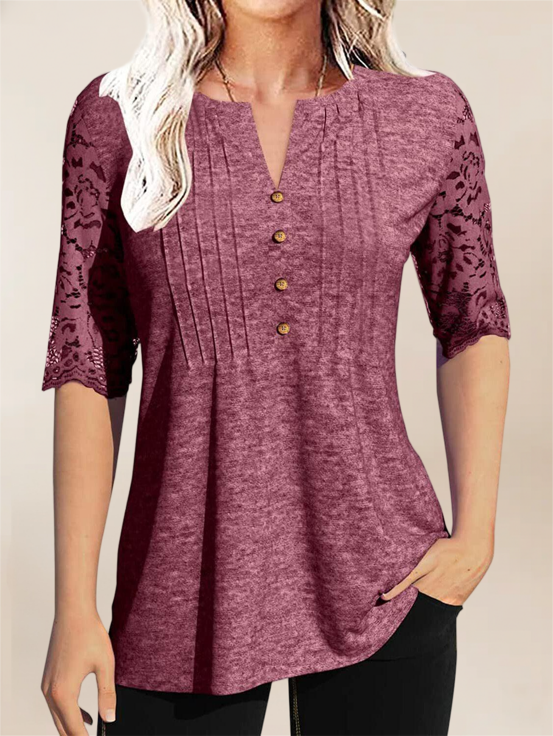 Imily Bela Womens Summer Tops Pleated Button Down Short Sleeve T-Shirt V-Neck Casual Lace Blouse