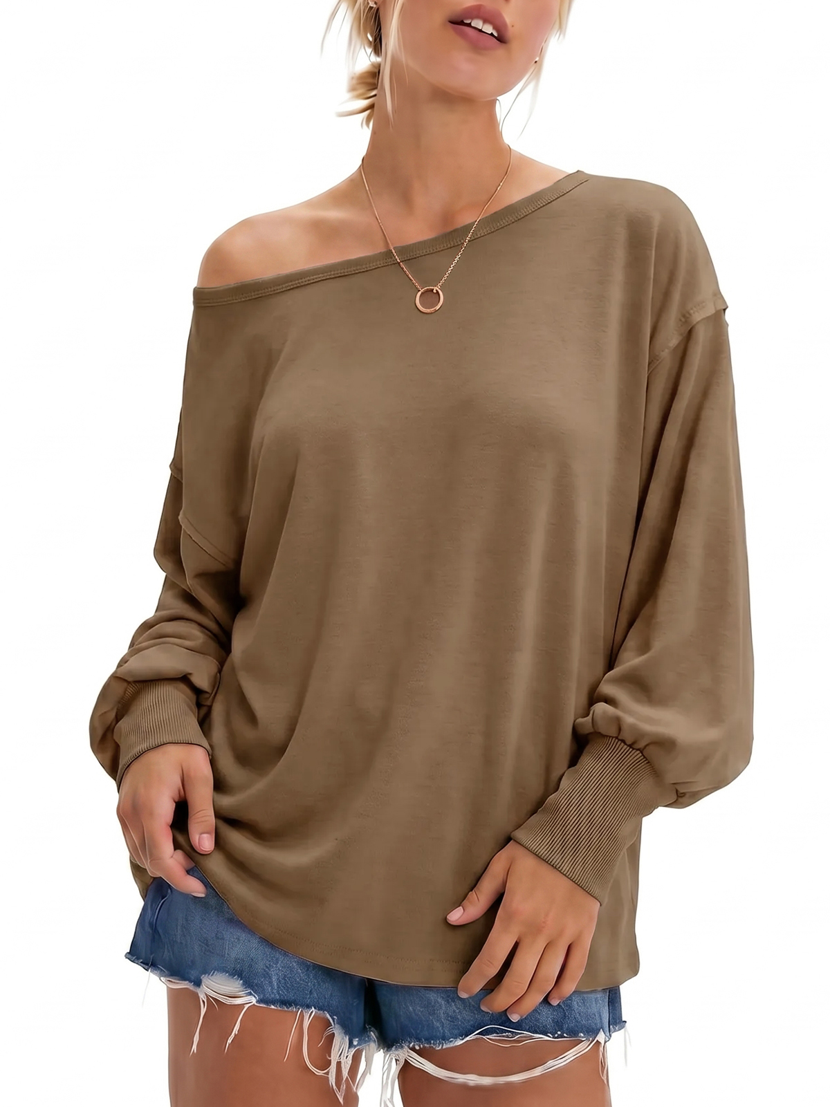Wide-Neck Slouchy Ribbed-Cuff Top
