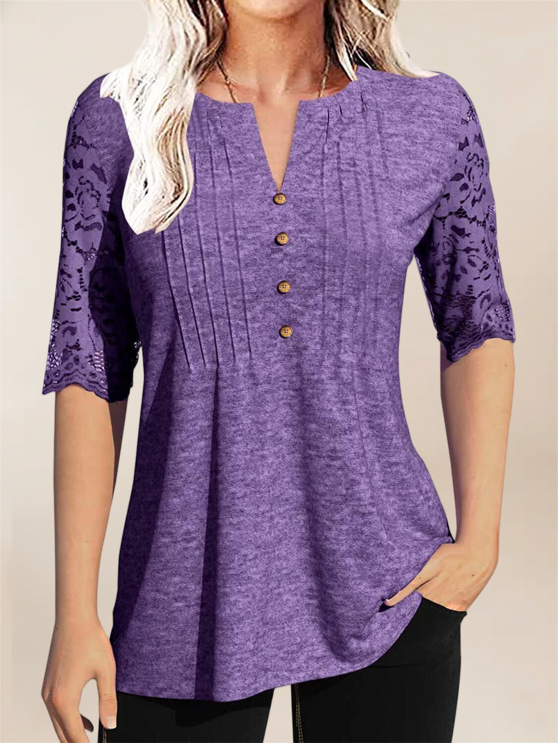 Imily Bela Womens Summer Tops Pleated Button Down Short Sleeve T-Shirt V-Neck Casual Lace Blouse