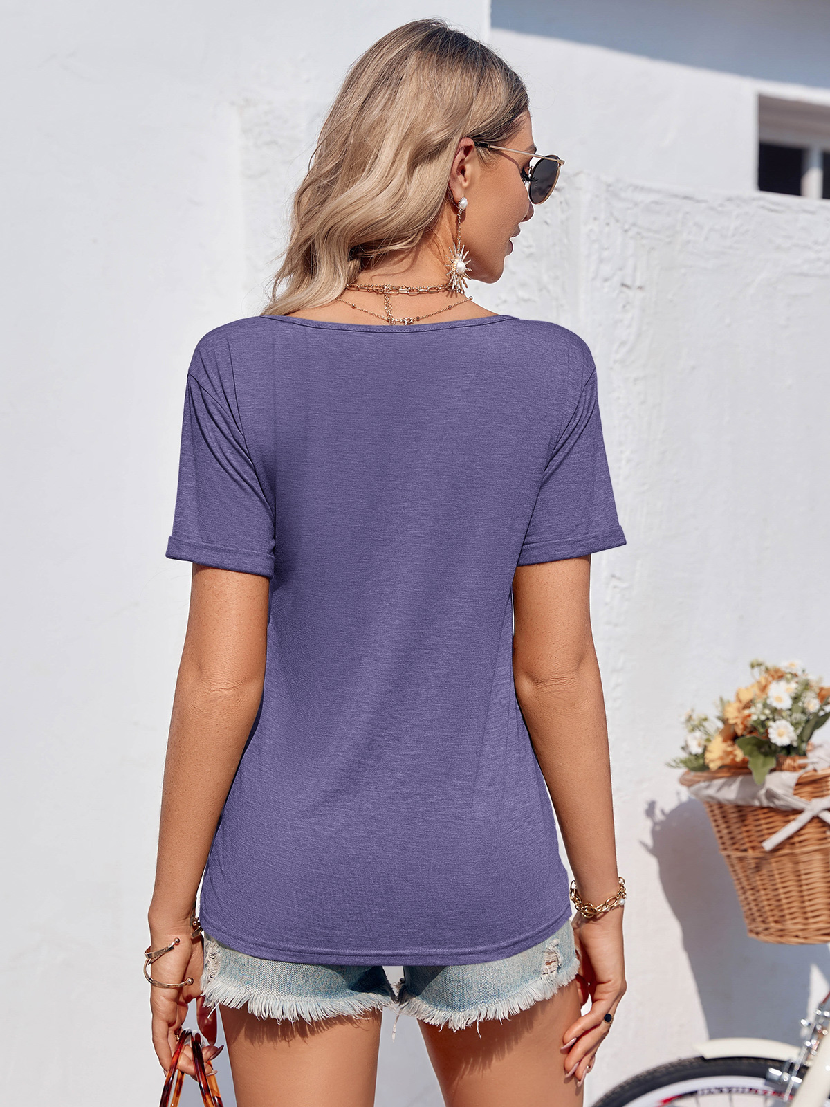 Imily Bela Women Fashion Deep V-Neck Short Sleeve Tops Solid Casual Loose Basic T Shirt