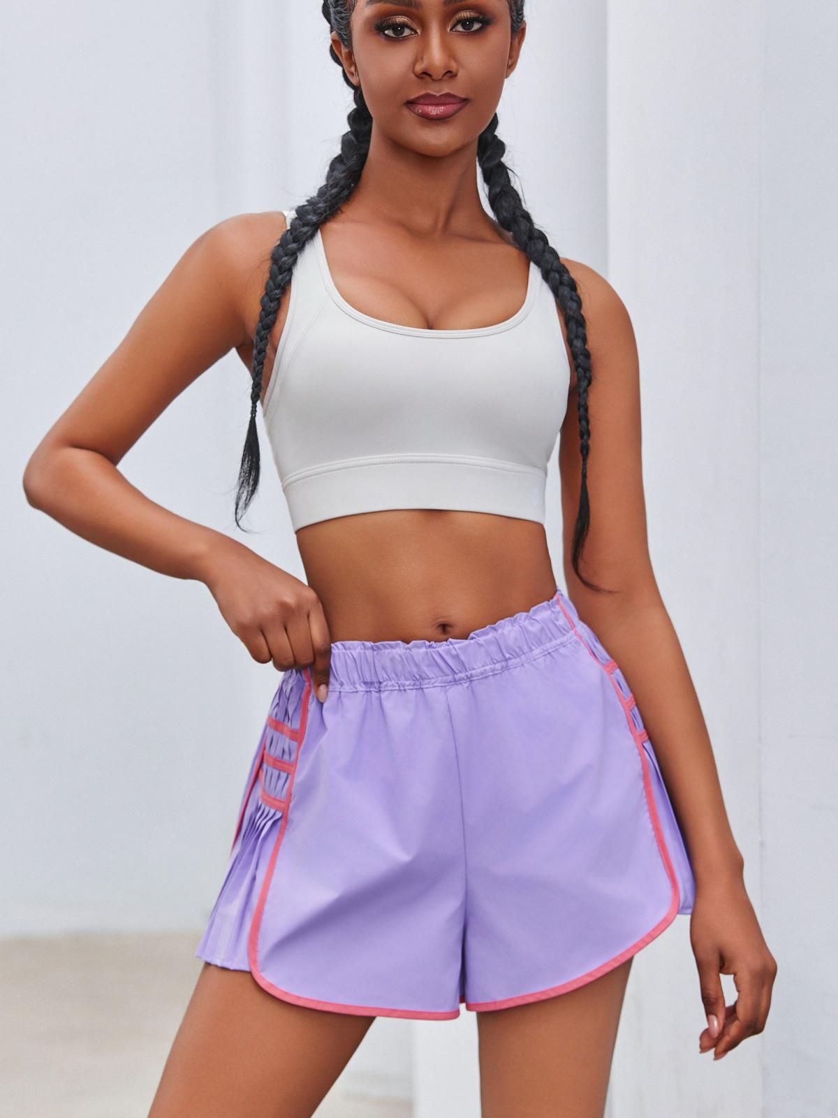 Imily Bela Womens Workout Gym Shorts Running Pleated Contrast Stitch Elastic Waist Athletic Quick Dry Shorts