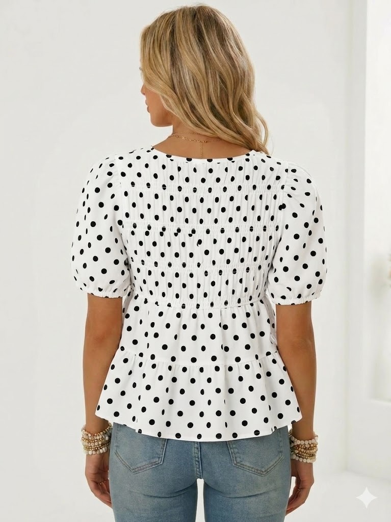 Womens Puff Sleeve Peplum Babydoll Tops Summer Flowy Pleated Cotton T-Shirts Casual Loose Fit Cute Blouse