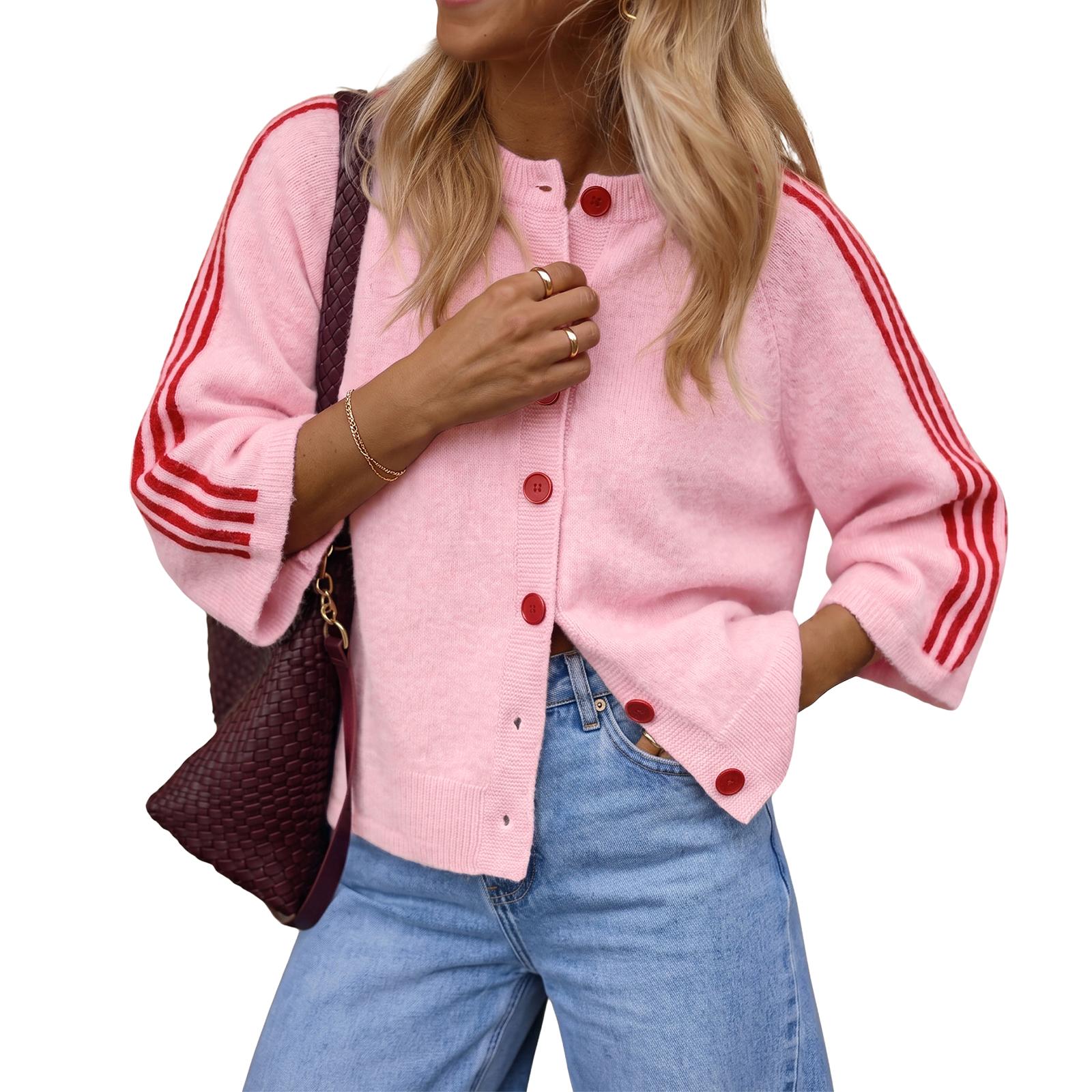 Pink Imily Bela Women Striped 3/4 Sleeve Knit Cardigan Casual Crew Neck Button Down Cropped Sweater Jacket Y2K Fall Outfits Striped Knitted Cardigan Knitting Cardigan