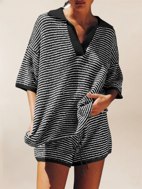 Imily Bela Womens Sweater Set 2 Piece Outfits Oversized 3/4 Sleeve V Neck Knit Tops High Waisted Shorts Lounge Sets