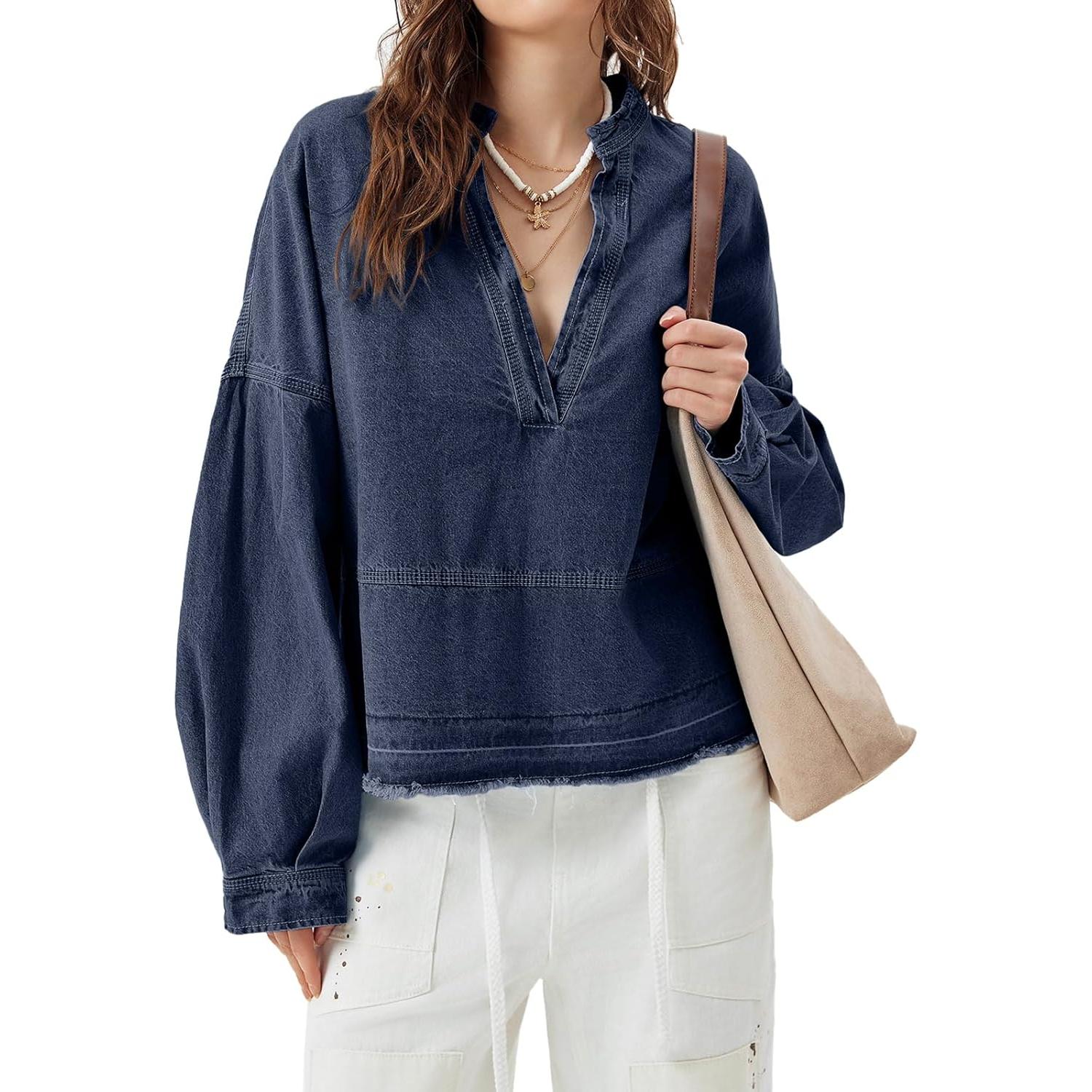 Dark Blue-1 Imily Bela S~2XL Womenswear FallFreshness Denim Pullover Casual Comfort Button V Neck Blouse Loose Fit Tops Longsleeves Jean Jacket With Pocket