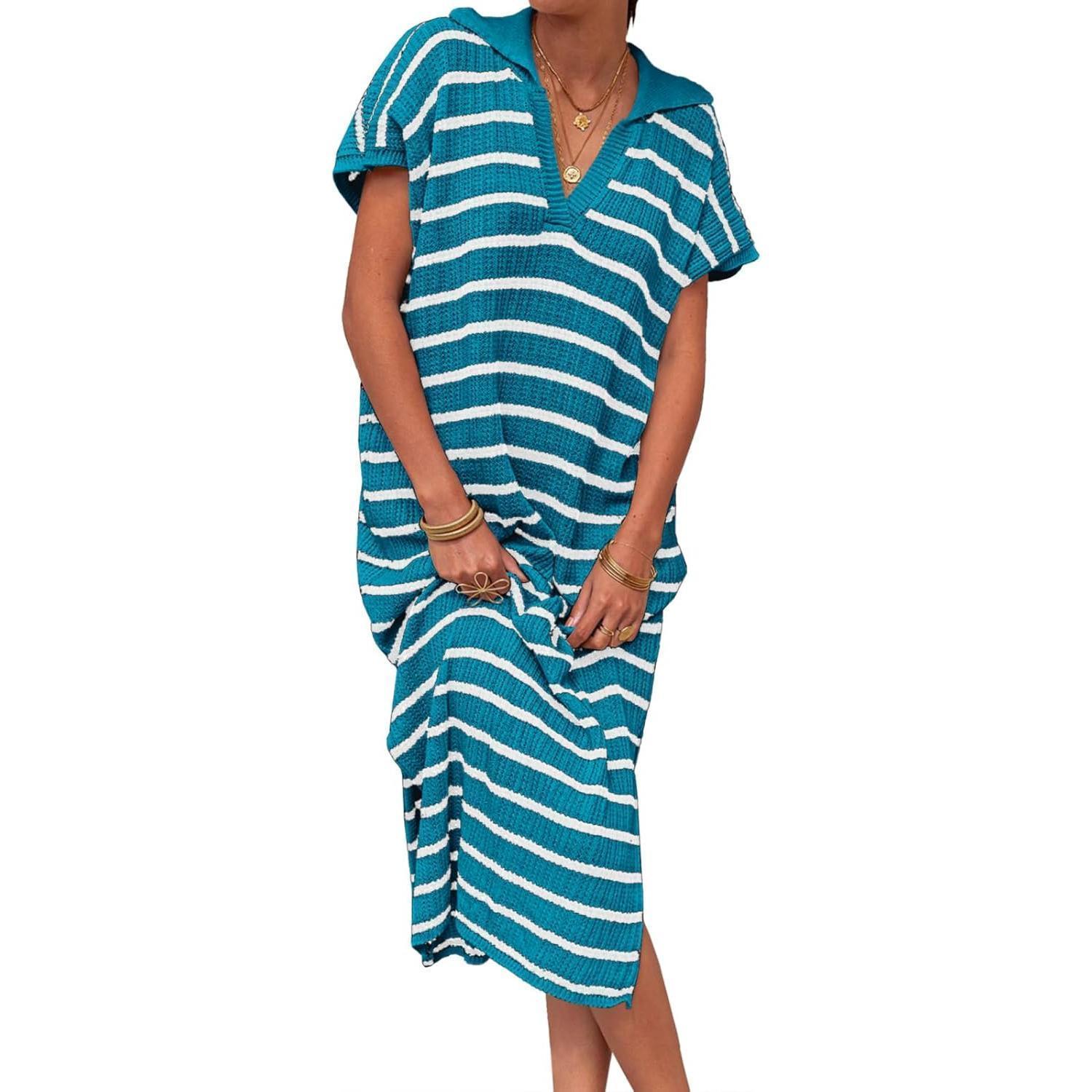 Lake Blue Imily Bela Womens Striped Summer Dresses Short Sleeve V Neck Knit Collared Sexy Slit Loose Maxi Sweater Dress