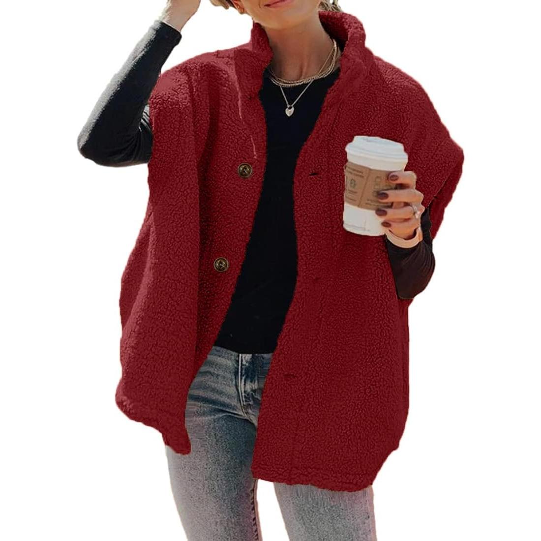 Red Imily Bela Womens Fuzzy Fleece Vest Casual Oversized Warm Button Down Sherpa Vest Jacket with Pockets