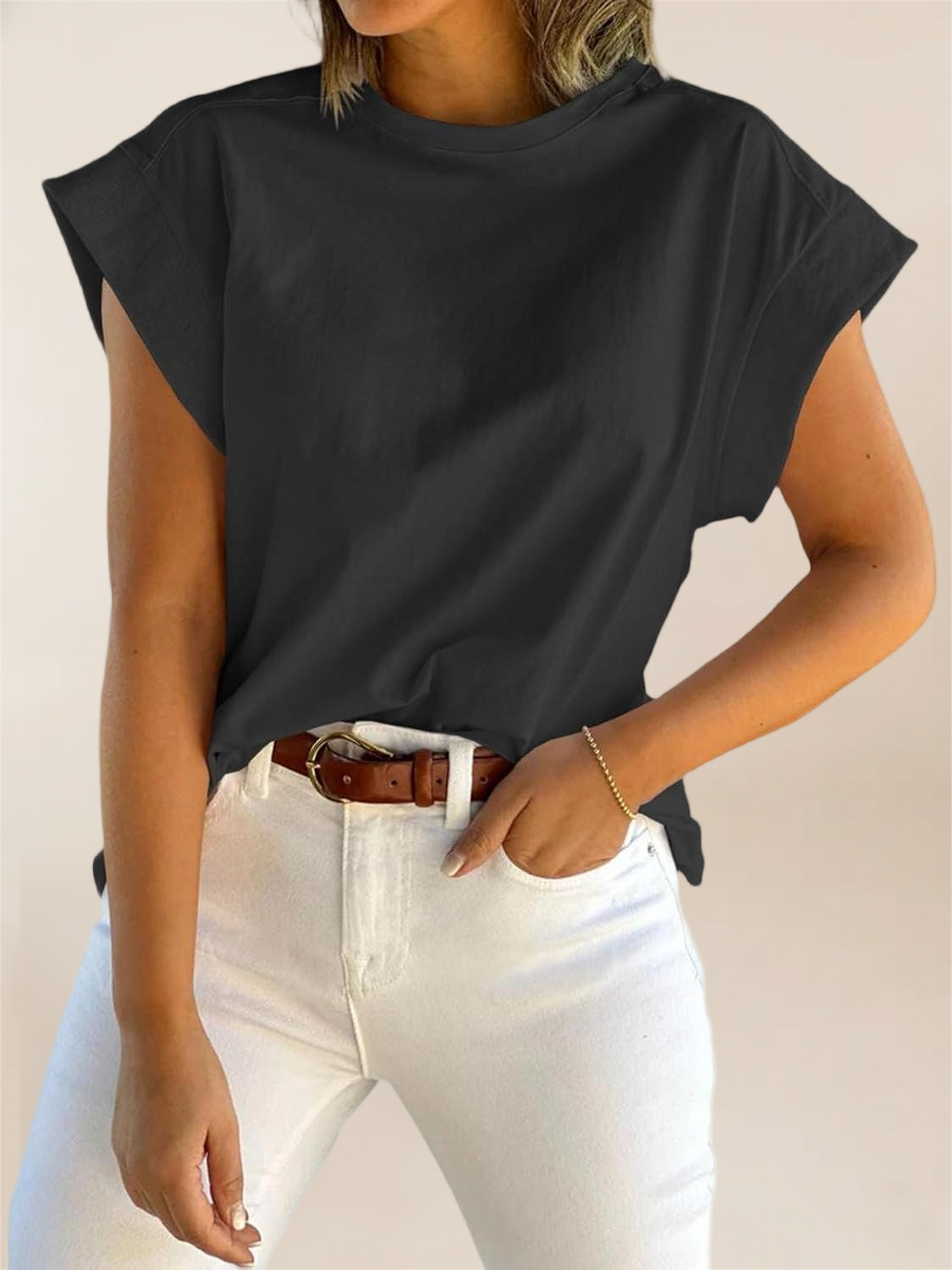 Imily Bela Womens Summer Cap Sleeve Tank Top Crew Neck Solid Casual Loose Fit Basic Tee Shirt