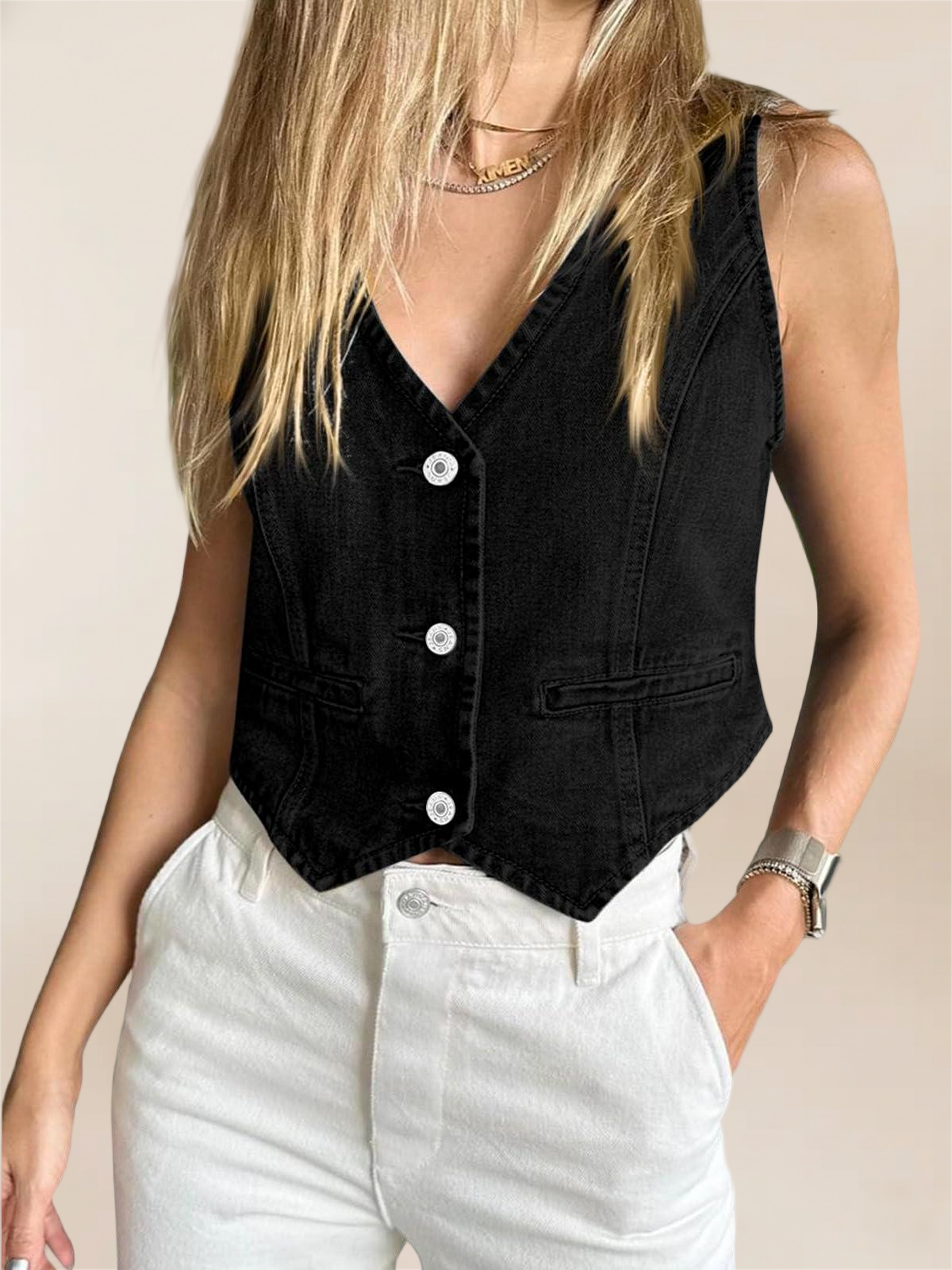 Imily Bela Womens Denim Vest Sleeveless V Neck Button Down Jean Waistcoat Jacket Y2K Summer Crop Tops
