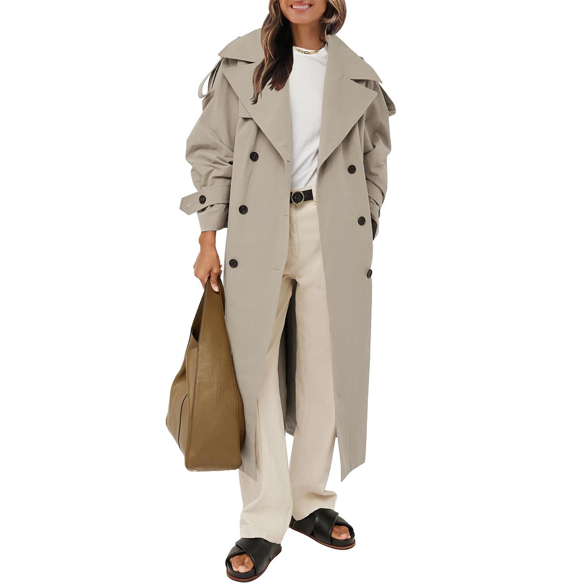 Imily Bela Womens Oversized Long Trench Coat Double Breasted Lapel Windproof Overcoat with Belt