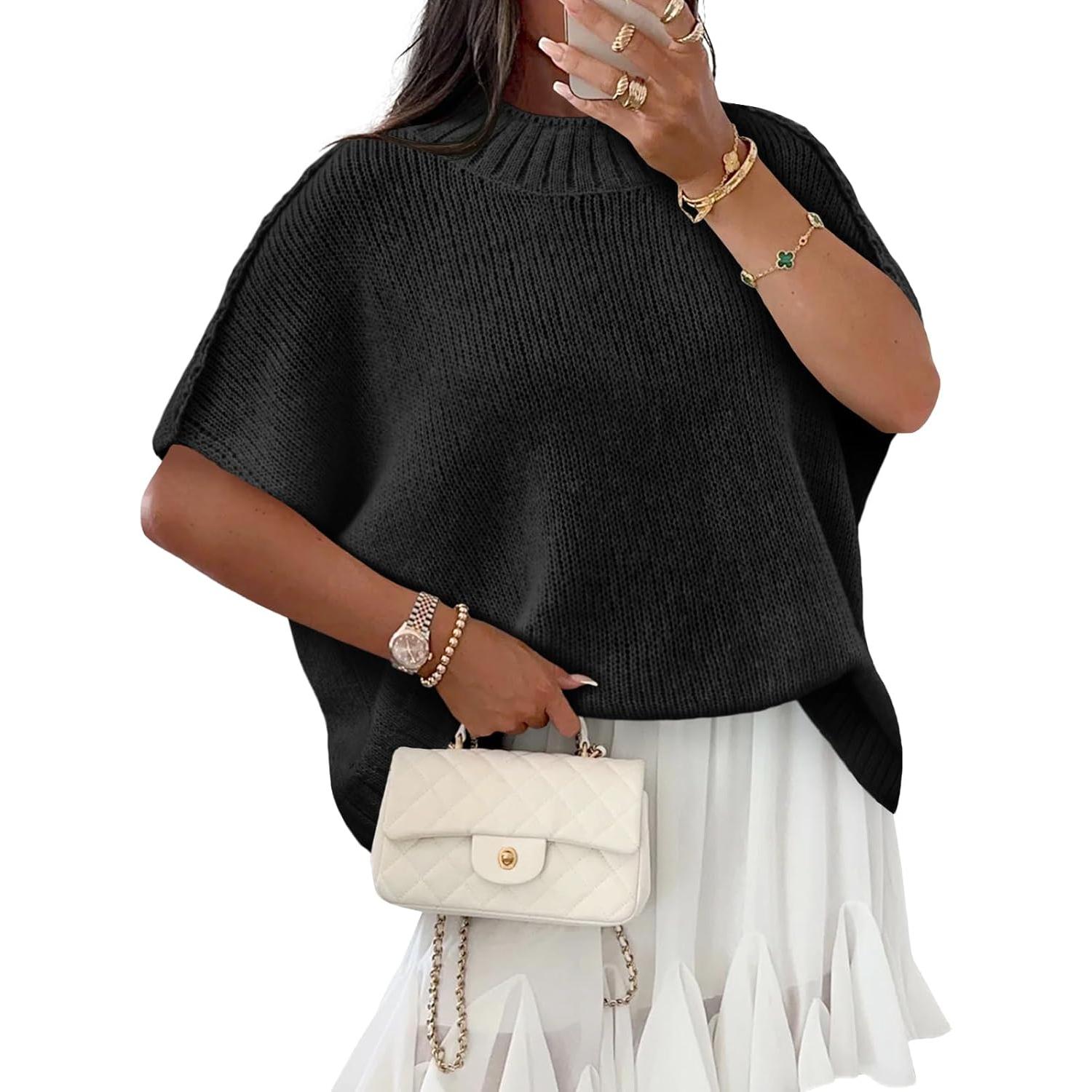 Black Imily Bela Womens Oversized Sweater Tops Summer Lightweight Batwing Half Sleeve Casual Loose Knit Pullover Shirts Clothes Skirts Knitwear