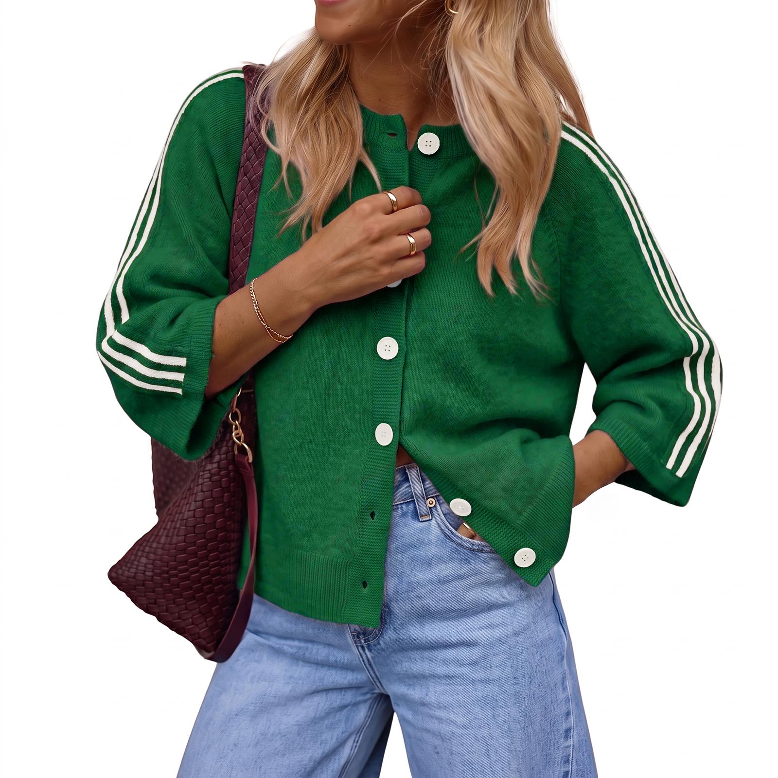 Dark Green Imily Bela Women Striped 3/4 Sleeve Knit Cardigan Casual Crew Neck Button Down Cropped Sweater Jacket Y2K Fall Outfits Striped Knitted Cardigan Knitting Cardigan