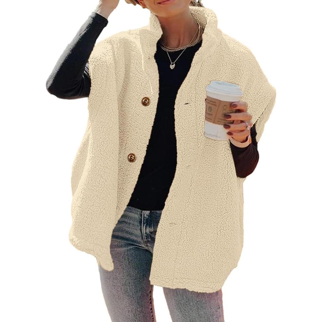 Beige Imily Bela Womens Fuzzy Fleece Vest Casual Oversized Warm Button Down Sherpa Vest Jacket with Pockets