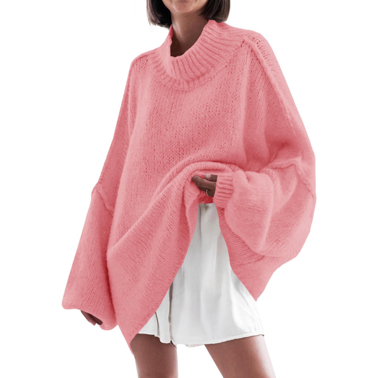 Pink Imily Bela【Oversized】Womens Sweaters Mock Neck Batwing Long Sleeve Fall Trendy Ribbed Knit Casual Tunic Sweater
