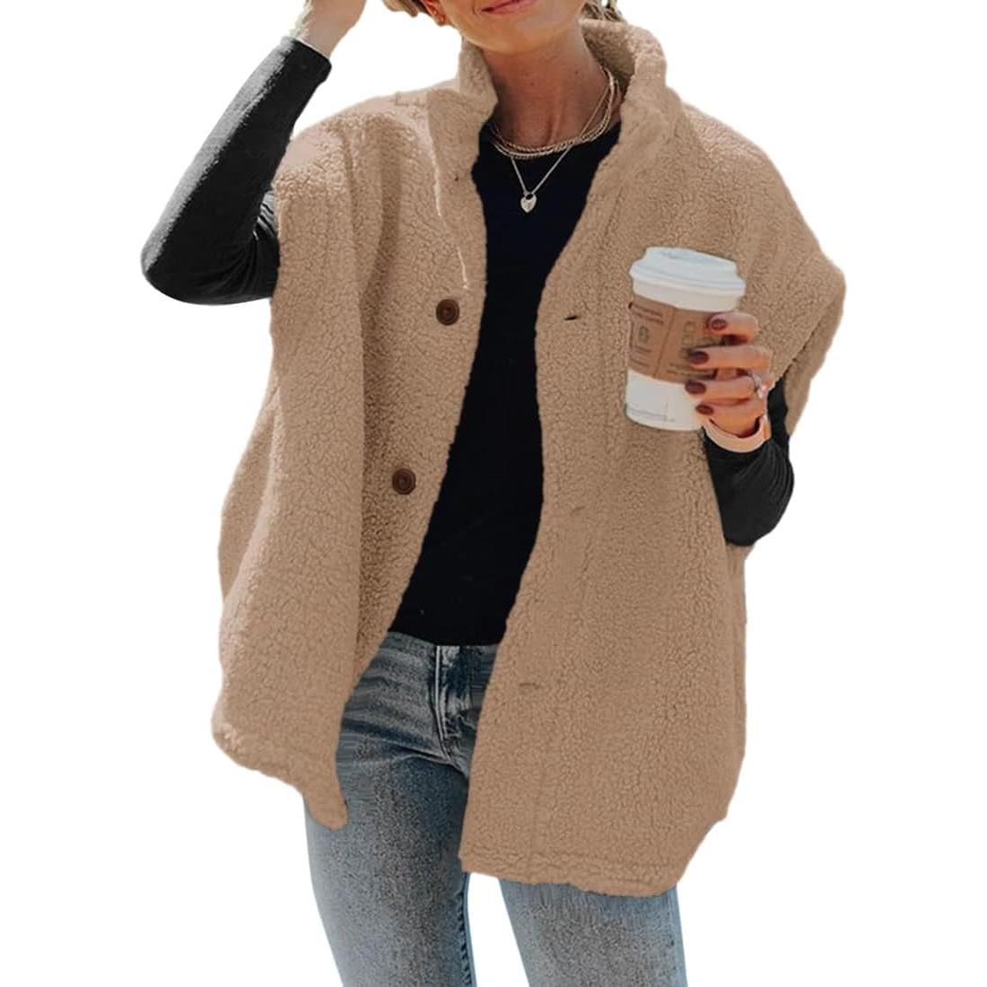 Khaki Imily Bela Womens Fuzzy Fleece Vest Casual Oversized Warm Button Down Sherpa Vest Jacket with Pockets