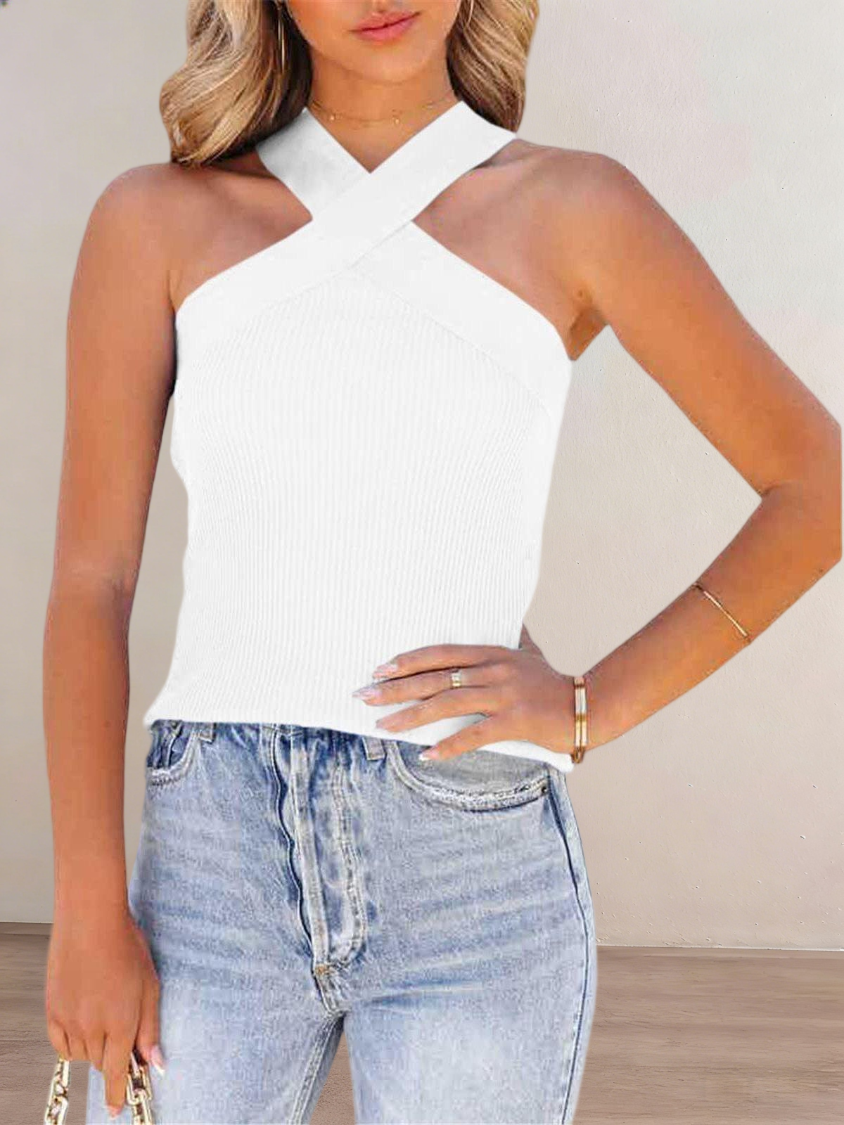 Imily Bela Womens Criss Cross Halter Sweater Vest Tops Summer Sleeveless Pullover Casual Lightweight V Neck Knit Tank Top