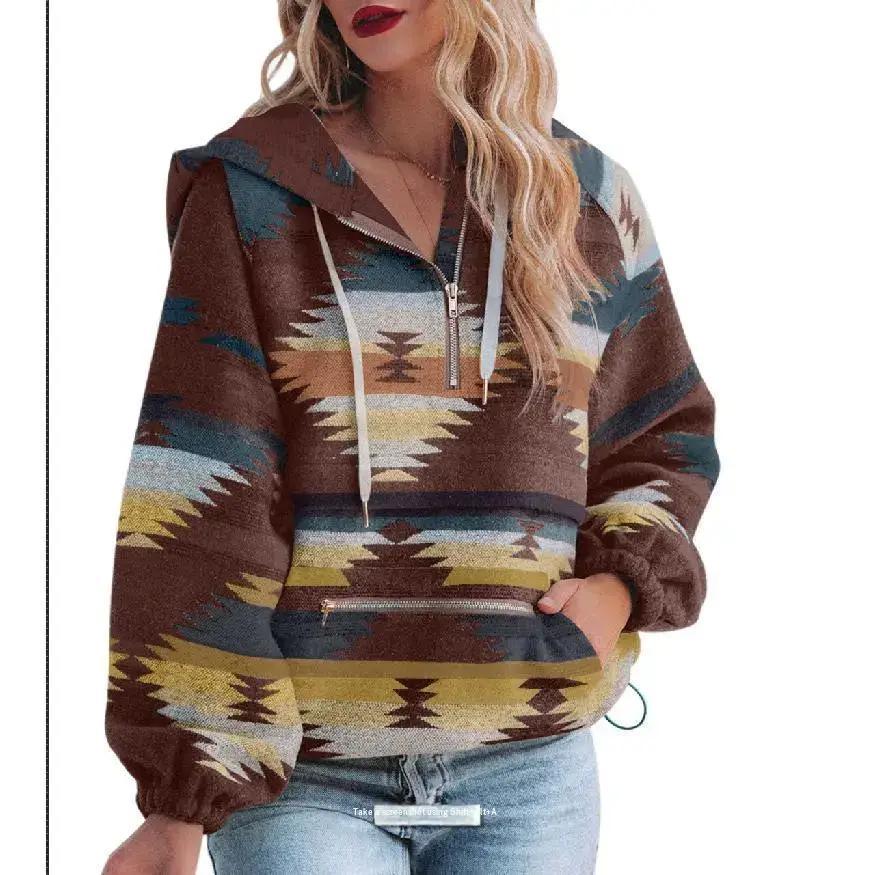 Brown Imily Bela Women’s Oversized Hoodie Zip Up Long Sleeve Aztec Loose Fit Sweatshirts Pullover Tops