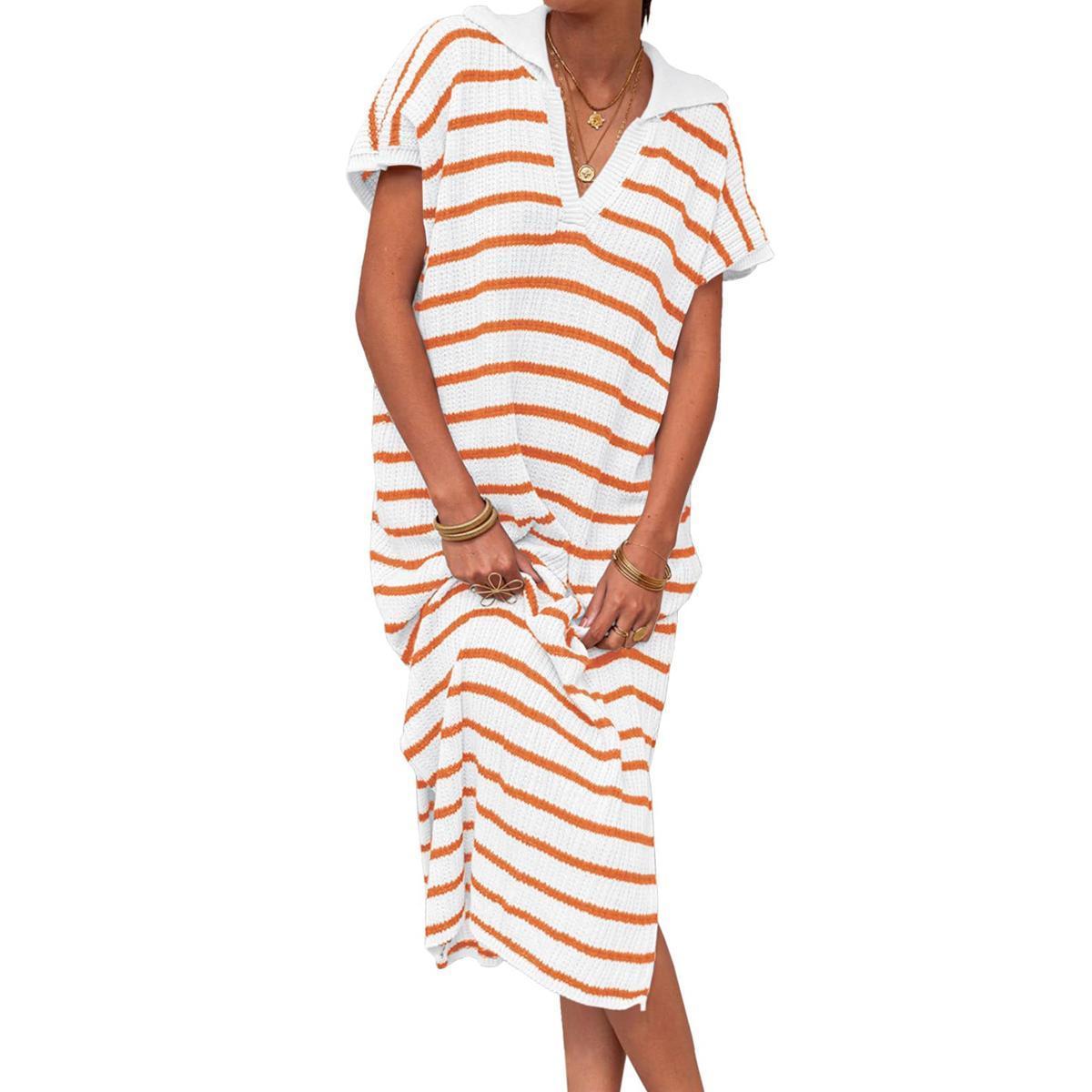 White&yellow Imily Bela Womens Striped Summer Dresses Short Sleeve V Neck Knit Collared Sexy Slit Loose Maxi Sweater Dress