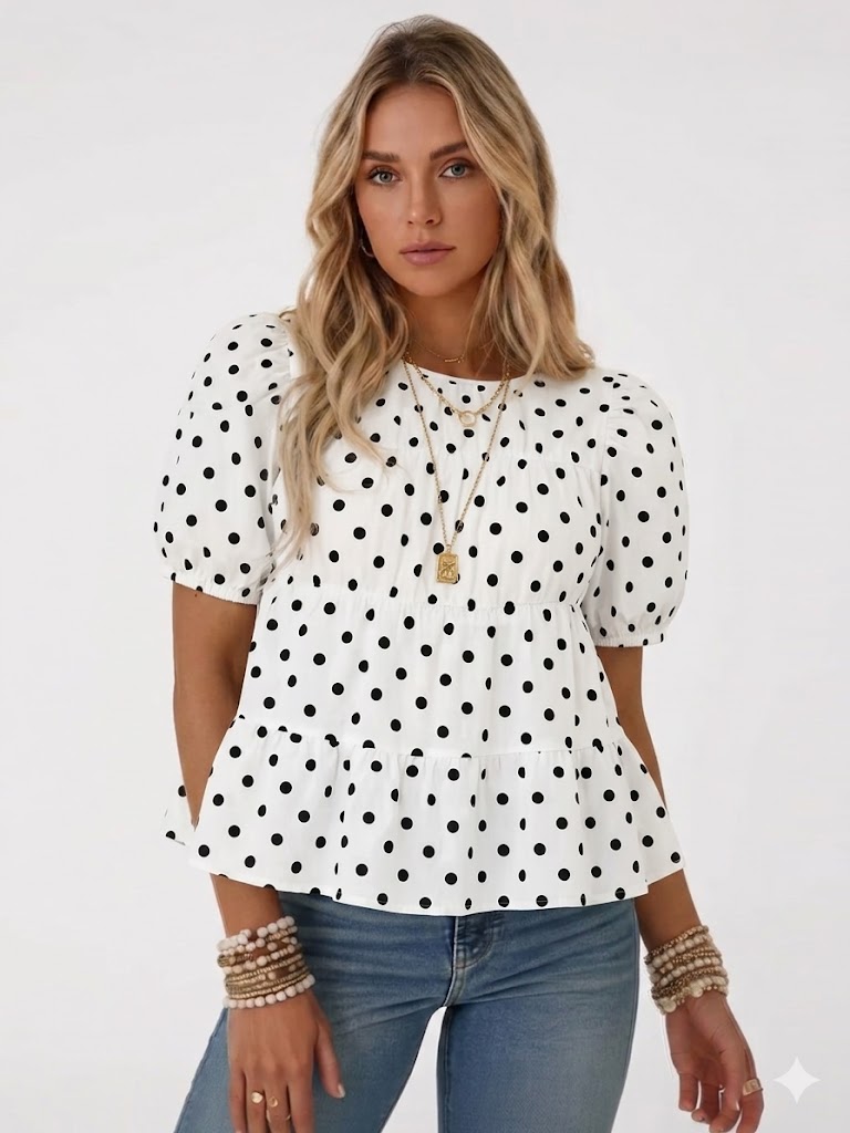 Womens Puff Sleeve Peplum Babydoll Tops Summer Flowy Pleated Cotton T-Shirts Casual Loose Fit Cute Blouse