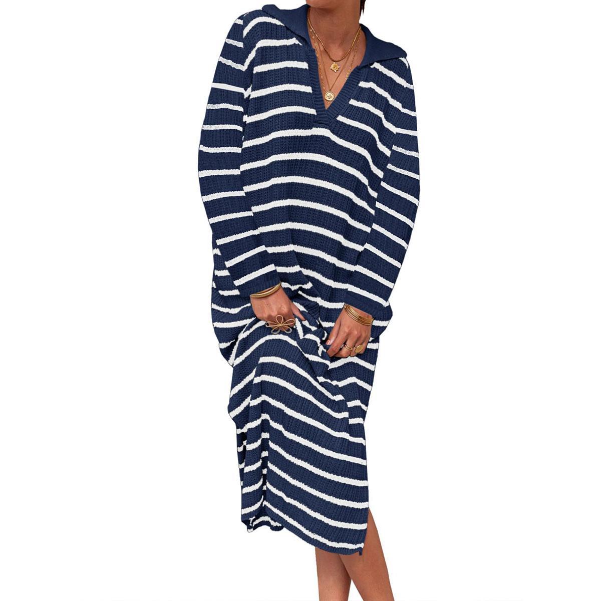 Navy-long sleeve Imily Bela Womens Striped Summer Dresses Short Sleeve V Neck Knit Collared Sexy Slit Loose Maxi Sweater Dress