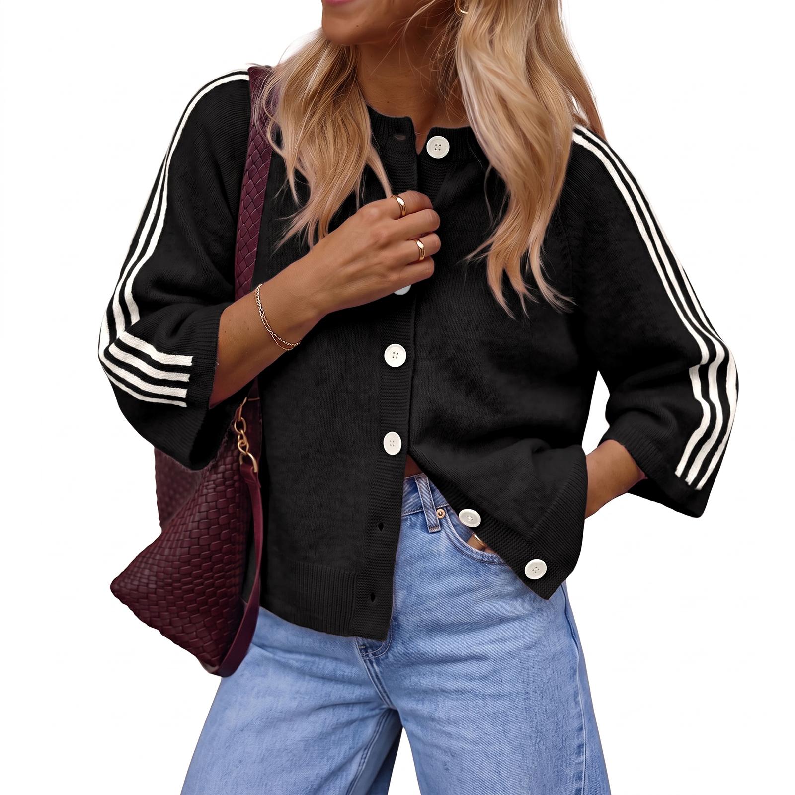 Black Imily Bela Women Striped 3/4 Sleeve Knit Cardigan Casual Crew Neck Button Down Cropped Sweater Jacket Y2K Fall Outfits Striped Knitted Cardigan Knitting Cardigan
