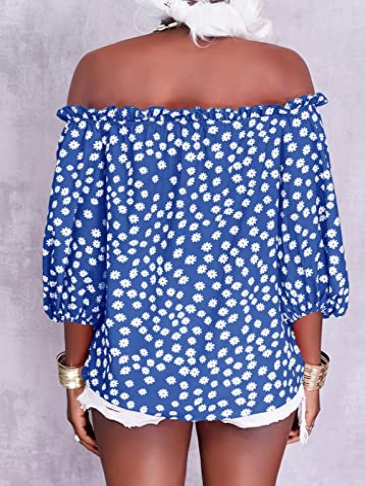 Imily Bela Womens Summer Off Shoulder Blouse Floral Print 3/4 Sleeve Casual Chiffon Tops Shirts