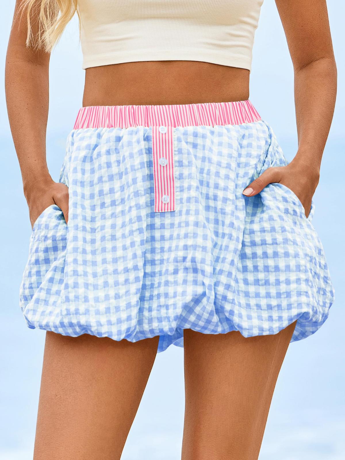 Imily Bela Womens Mini Plaid Bubble Skirts Striped Elastic Waist Cute Skorts Y2k Puffy Skirt with Short Underneath