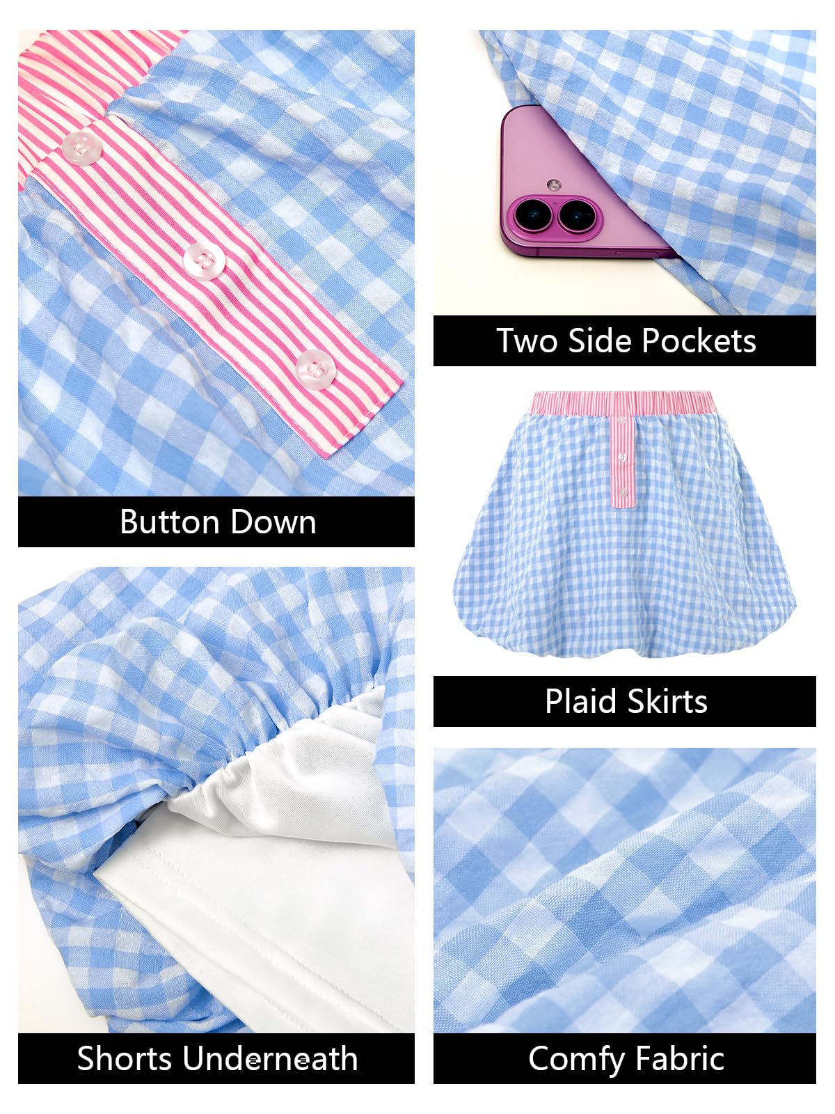 Imily Bela Womens Mini Plaid Bubble Skirts Striped Elastic Waist Cute Skorts Y2k Puffy Skirt with Short Underneath