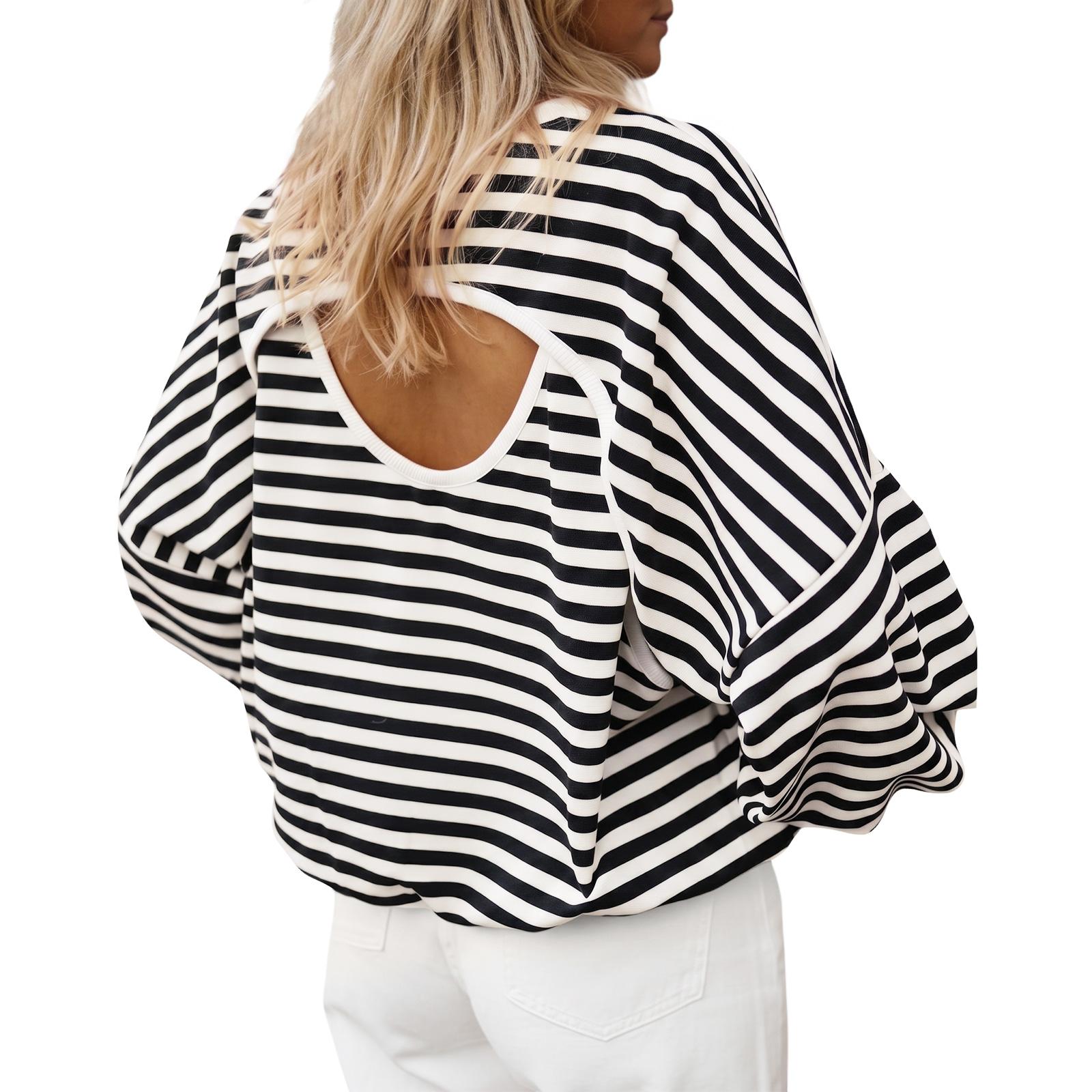 Black Imily Bela Women’s Striped Oversized Pullover Sweatshirt, Open Back Design, 2026 Cutout Back Pullover Top, Fashion Casual Long Sleeve Shirt